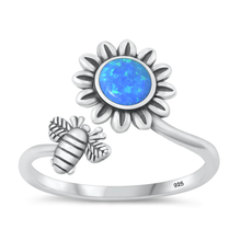 Load image into Gallery viewer, Sterling Silver Oxidized Flower And Bee Blue Lab Opal Ring