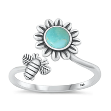 Load image into Gallery viewer, Sterling Silver Oxidized Flower And Bee Genuine Turquoise Stone Ring
