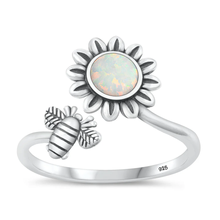 Load image into Gallery viewer, Sterling Silver Oxidized Flower And Bee White Lab Opal Ring