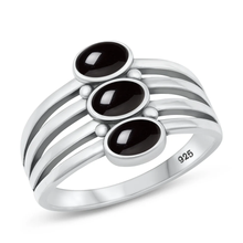 Load image into Gallery viewer, Sterling Silver Oxidized Lines With Ovals Black Agate Stone Ring