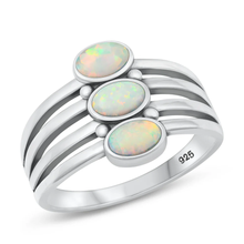 Load image into Gallery viewer, Sterling Silver Oxidized Lines White Lab Opal Ring