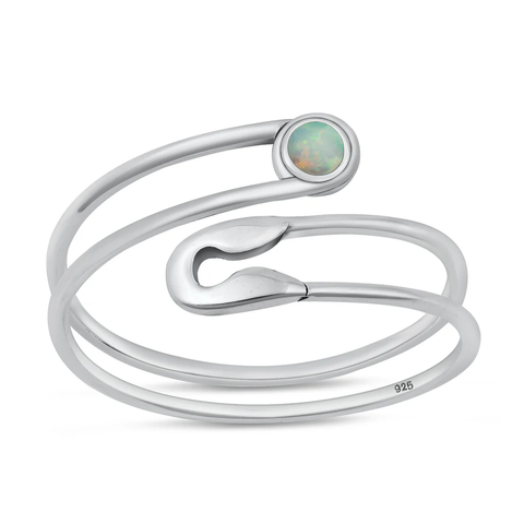 Sterling Silver Oxidized Safety Pin White Lab Opal Ring