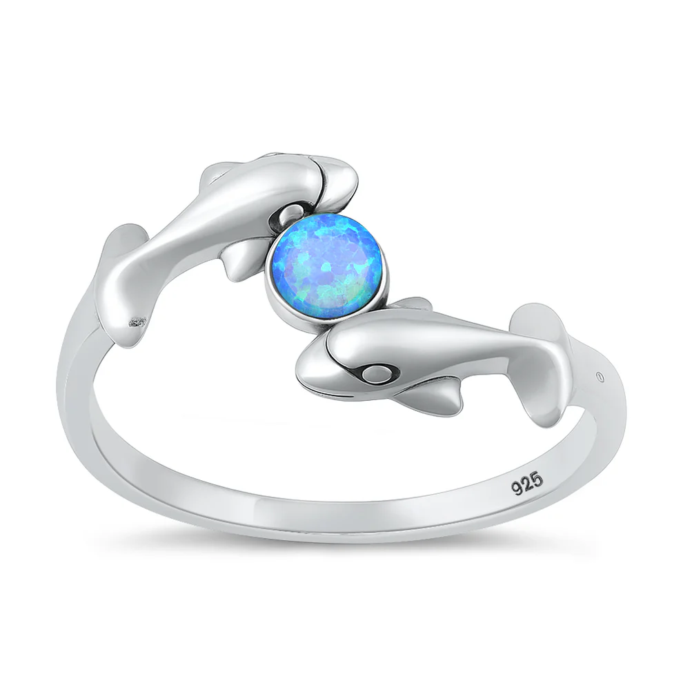 Sterling Silver Oxidized and High Polished Dolphins Blue Lab Opal Ring