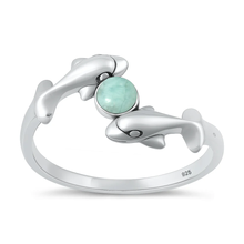 Load image into Gallery viewer, Sterling Silver Oxidized and Polished Dolphins Genuine Larimar Stone Ring