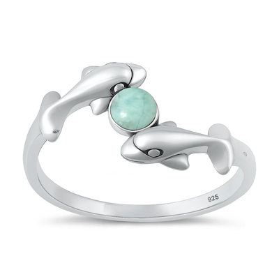 Sterling Silver Oxidized and Polished Dolphins Genuine Larimar Stone Ring