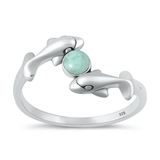 Sterling Silver Oxidized and Polished Dolphins Genuine Larimar Stone Ring