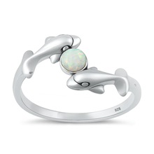 Load image into Gallery viewer, Sterling Silver Oxidized And Polished Dolphins White Lab Opal Ring
