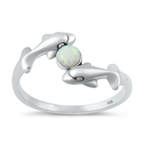 Sterling Silver Oxidized And Polished Dolphins White Lab Opal Ring