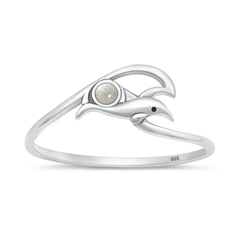 Sterling Silver Oxidized And Polished Dolphin And Wave Moonstone Stone Ring