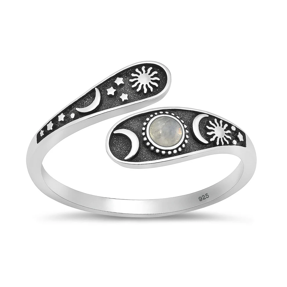 Sterling Silver Oxidized And Polished Celestial Moon Sun Stars Moonstone Ring