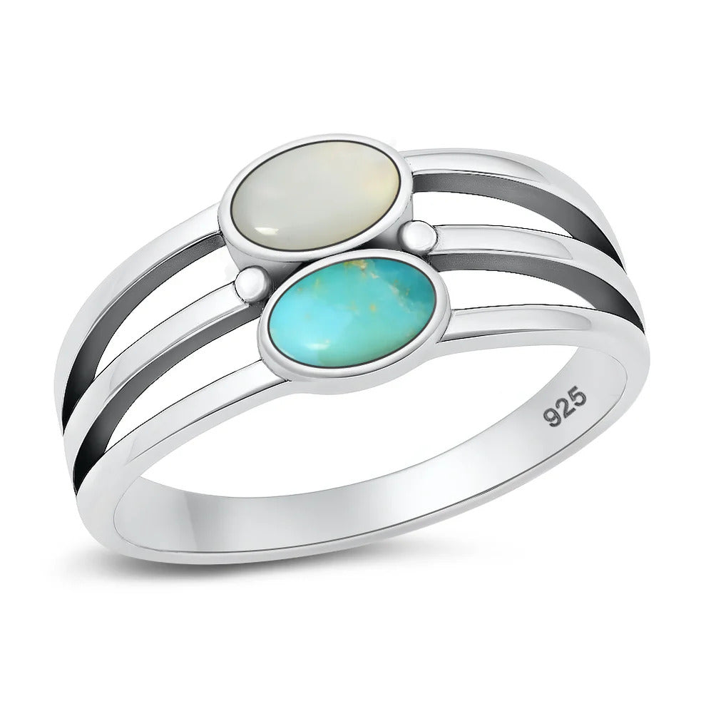 Sterling Silver Oxidized And Polished Mother Of Pearl And Turquoise Stacked Stone Ring
