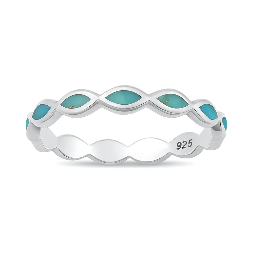 Sterling Silver Polished Marquise Band Genuine Turquoise Stone Ring
