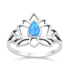 Load image into Gallery viewer, Sterling Silver Oxidized And Polished Blue Lab Opal Lotus Flower Ring