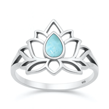 Load image into Gallery viewer, Sterling Silver Oxidized And Polished Lotus Larimar Stone Ring