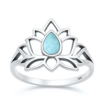 Sterling Silver Oxidized And Polished Lotus Flower Larimar Ring