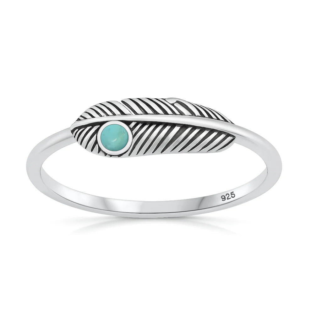 Sterling Silver Oxidized And Polished 5.5mm Feather Turquoise Stone Ring