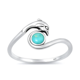 Sterling Silver Oxidized And Polished Dolphin Genuine Turquoise Stone Ring