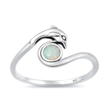 Sterling Silver Oxidized And Polished White Lab Opal Dolphin Ring