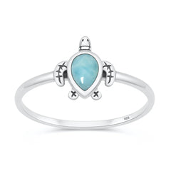 Sterling Silver Oxidized And Polished 10.5mm Turtle Larimar Stone Ring