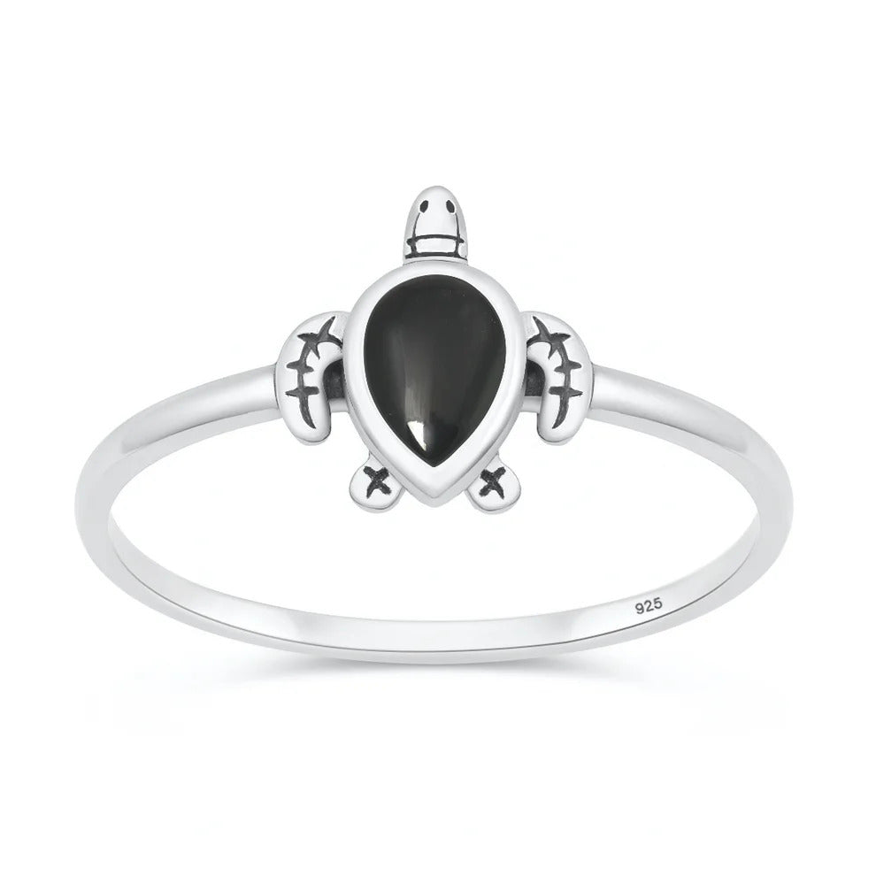 Sterling Silver Oxidized And Polished Black Agate Stone Turtle Ring