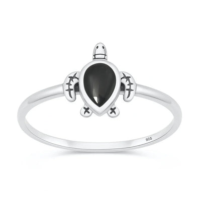 Sterling Silver Oxidized And Polished Black Agate Stone Turtle Ring