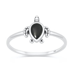 Sterling Silver Oxidized And Polished Black Agate Stone Turtle Ring
