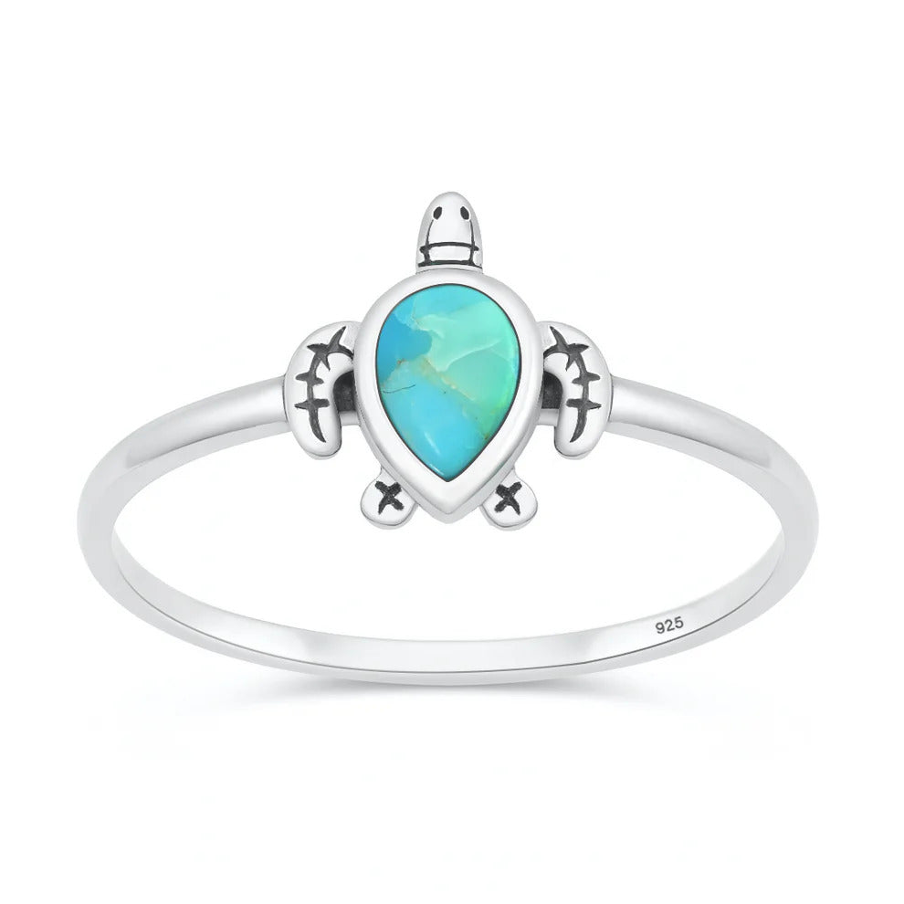 Sterling Silver Oxidized And Polished 9.9mm Turtle Turquoise Stone Ring