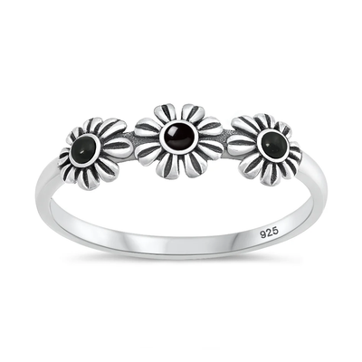 Sterling Silver Oxidized And Polished Flowers Black Onyx Stone Ring