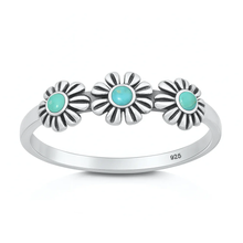 Load image into Gallery viewer, Sterling Silver Oxidized And Polished Daisies Genuine Turquoise Stone Ring