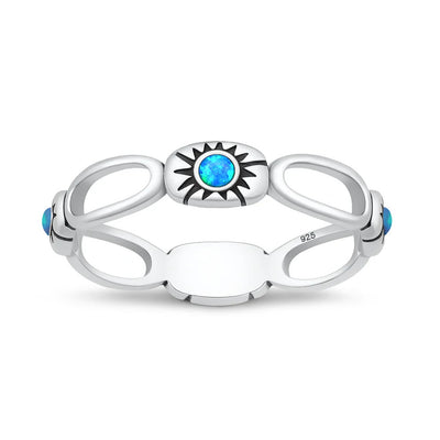 Sterling Silver Oxidized And Polished Sunburst Blue Lab Opal Ring