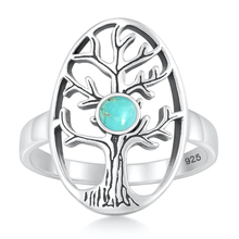 Load image into Gallery viewer, Sterling Silver Oxidized And Rhodium Plated Tree Of Life Genuine Turquoise Stone Ring