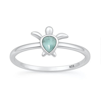 Sterling Silver Oxidized And Polished Larimar Turtle Ring