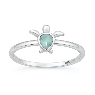 Sterling Silver Oxidized And Polished Larimar Stone Turtle Ring