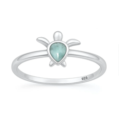 Sterling Silver Oxidized And Polished Larimar Stone Turtle Ring