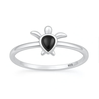 Sterling Silver Oxidized And Polished Black Onyx Stone Turtle Ring