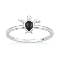 Sterling Silver Oxidized And Polished Black Onyx Stone Turtle Ring