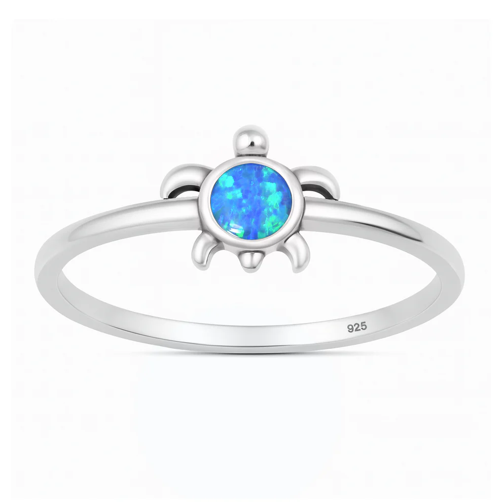 Sterling Silver Oxidized And Polished 8.2mm Turtle Blue Lab Opal Ring