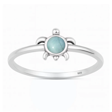 Load image into Gallery viewer, Sterling Silver Oxidized And Polished 8.2mm Turtle Larimar Stone Ring