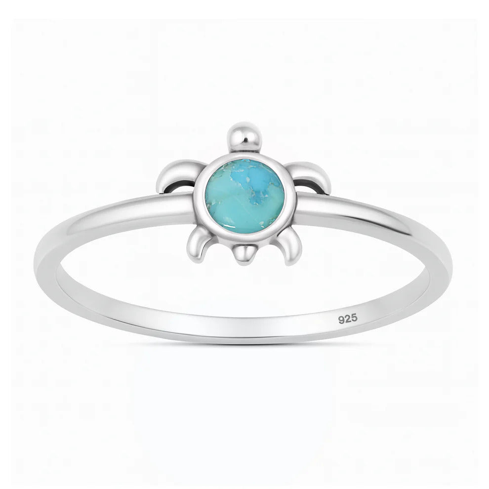 Sterling Silver Oxidized And Polished 8.2mm Turtle Turquoise Stone Ring