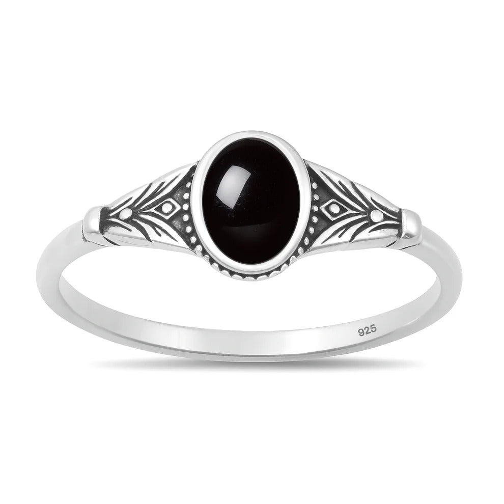 Sterling Silver Oxidized And Polished Oval Black Agate Stone Ring