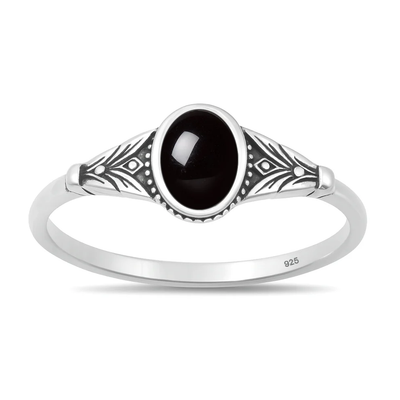 Sterling Silver Oxidized And Polished Oval Black Onyx Stone Ring