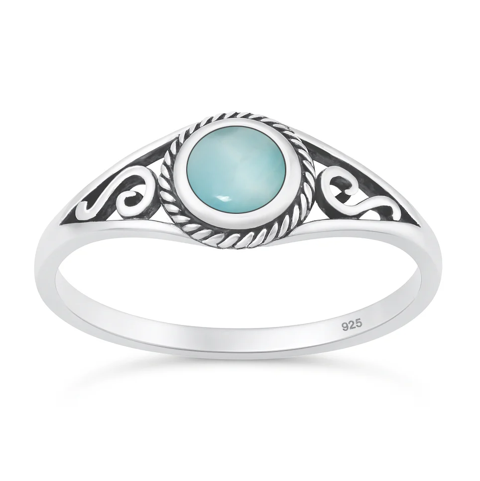 Sterling Silver Oxidized And Polished Round Larimar Stone Ring