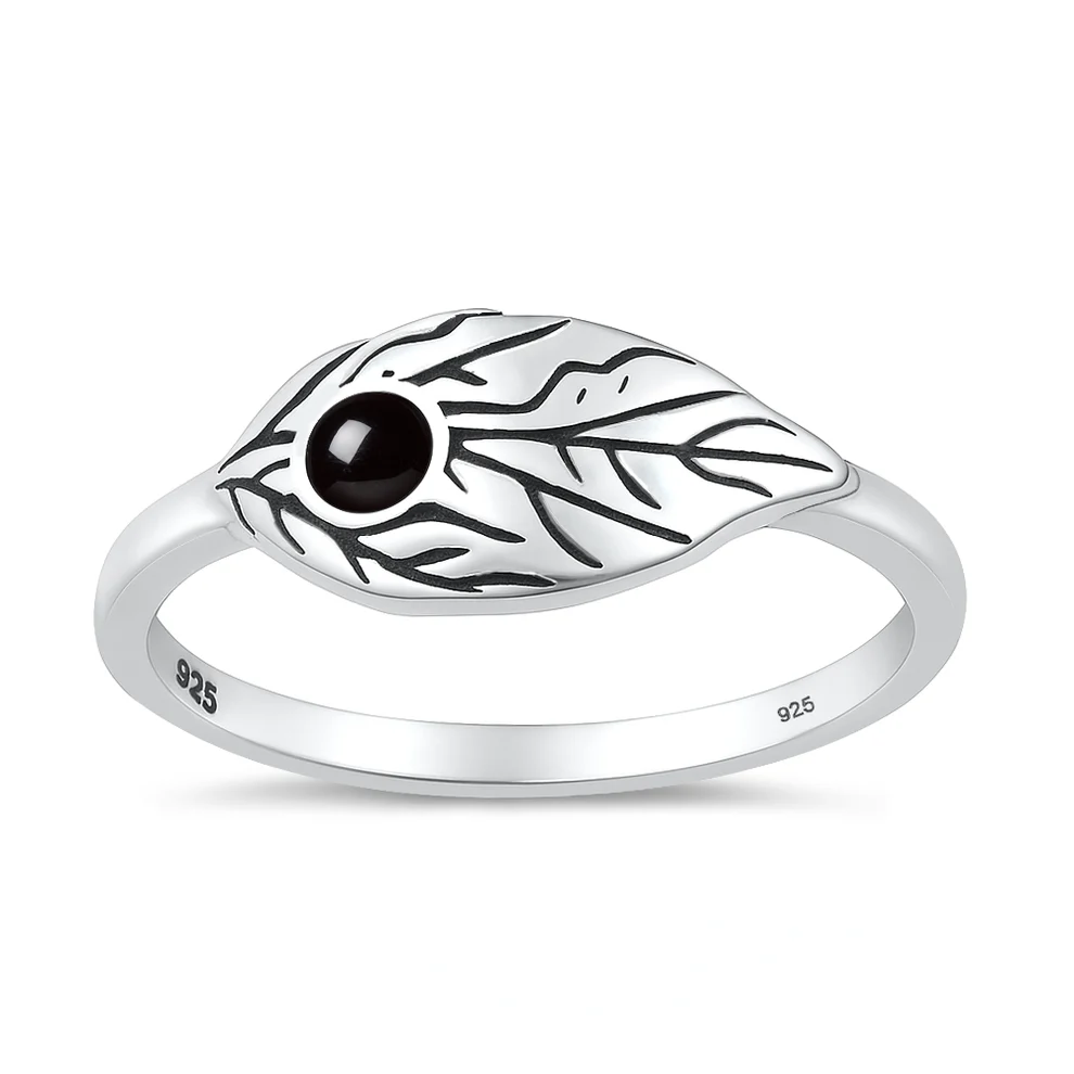 Sterling Silver Oxidized And Polished 8mm Leaf Black Onyx Stone Ring