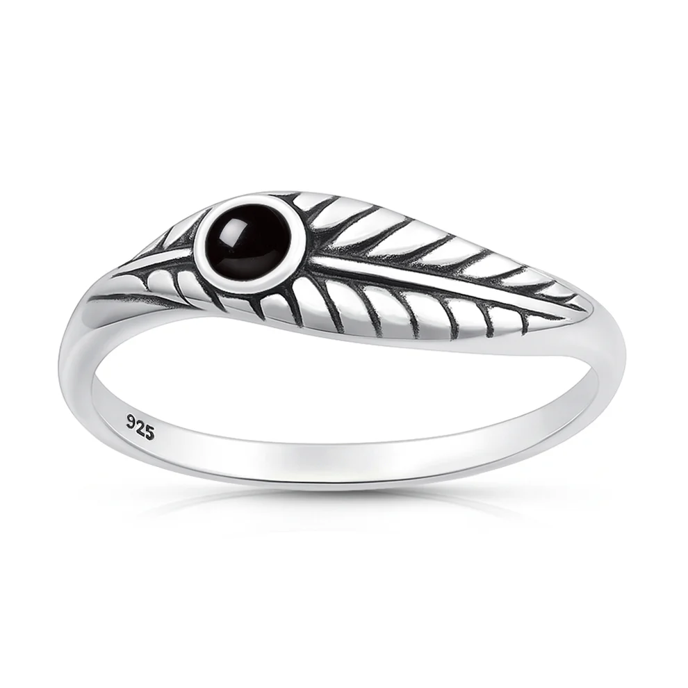 Sterling Silver Oxidized And Polished Leaf Black Onyx Stone Ring