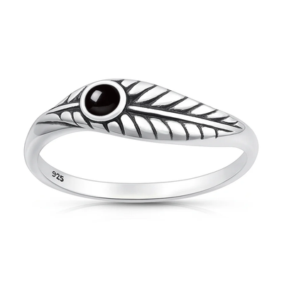 Sterling Silver Oxidized And Polished Leaf Black Onyx Stone Ring