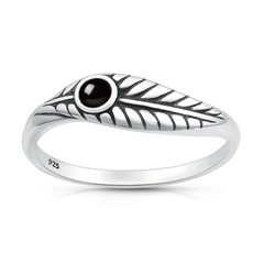 Sterling Silver Oxidized And Polished Leaf Black Onyx Stone Ring