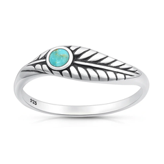 Sterling Silver Oxidized and Polished Leaf Genuine Turquoise Stone Ring