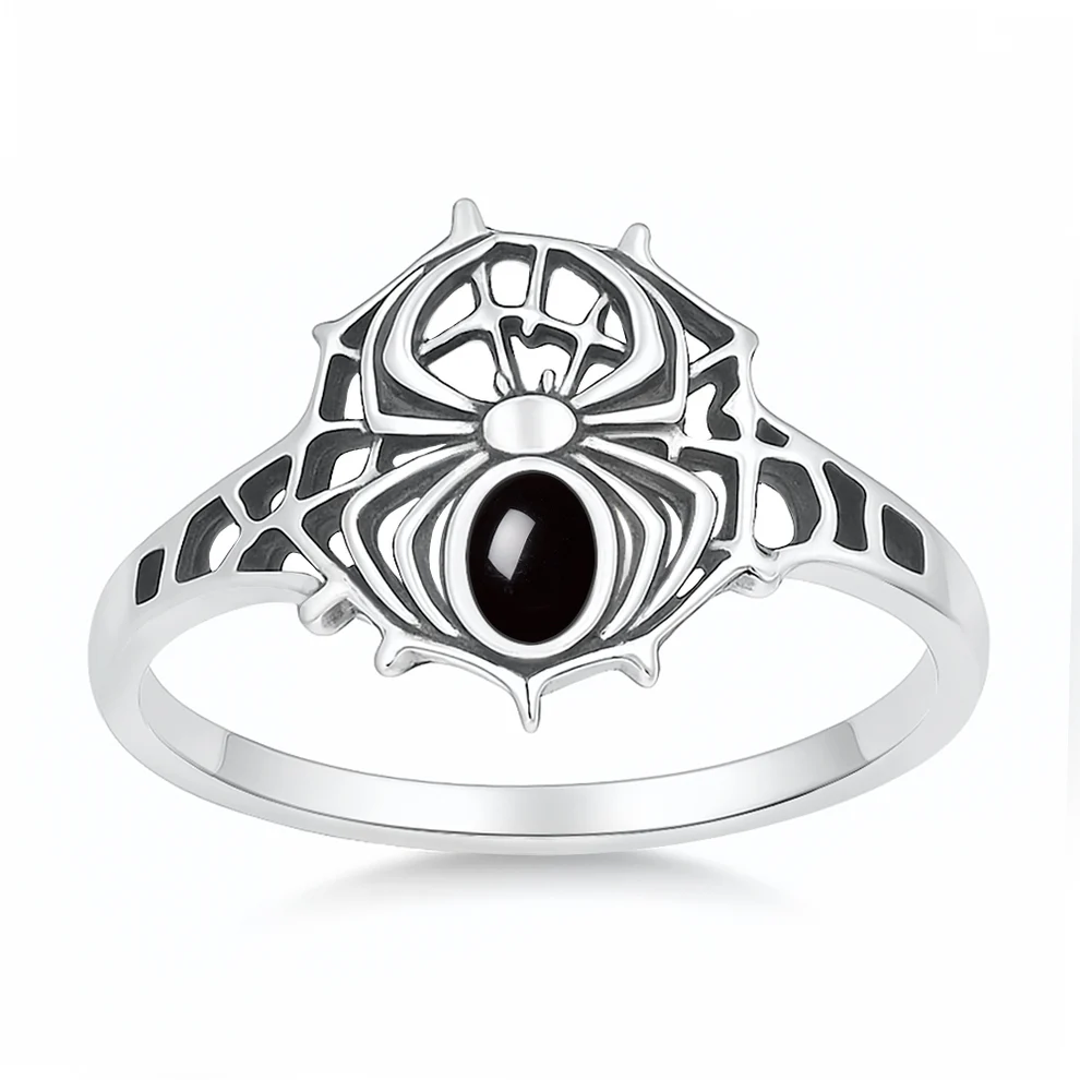 Sterling Silver Oxidized And Polished Spider And Web Black Agate Stone Ring