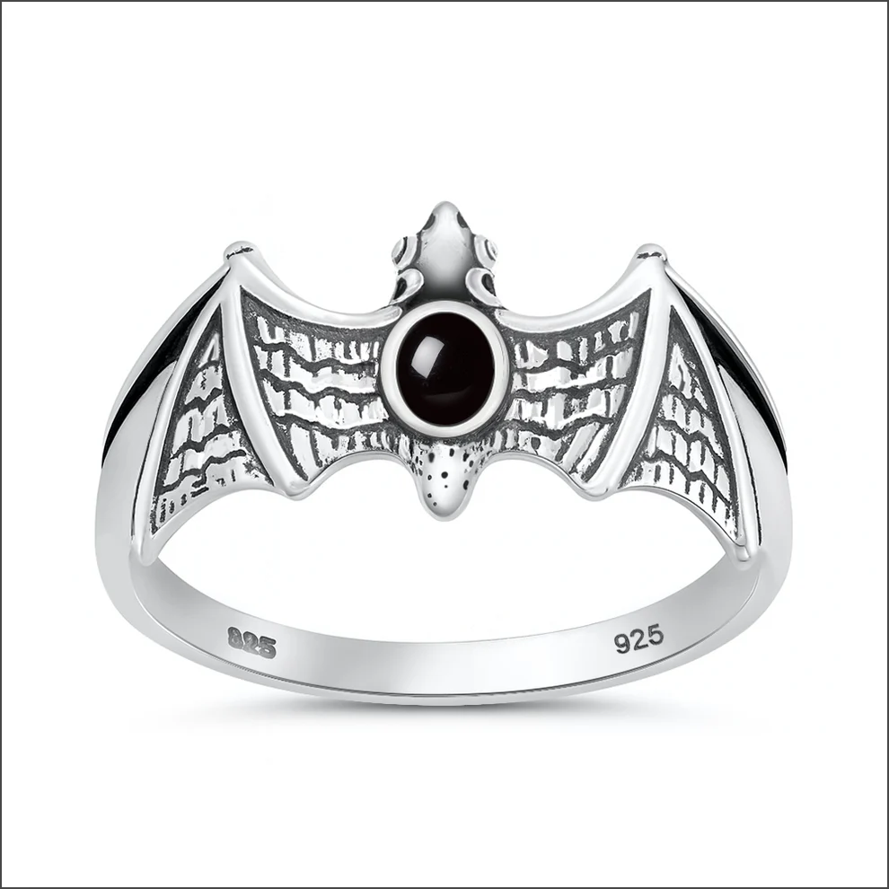 Sterling Silver Oxidized And Polished Bat Black Agate Stone Ring