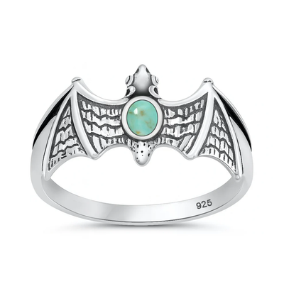Sterling Silver Oxidized And Polished Bat Genuine Turquoise Stone Ring